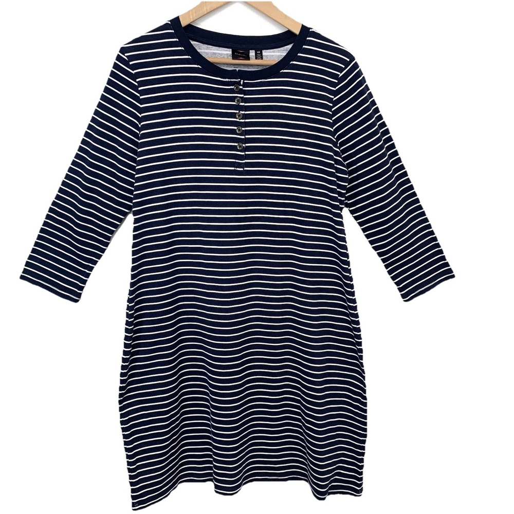 Rafaella Navy White Stripe Shift Dress 3/4 Sleeve 100% Cotton Large Stretch